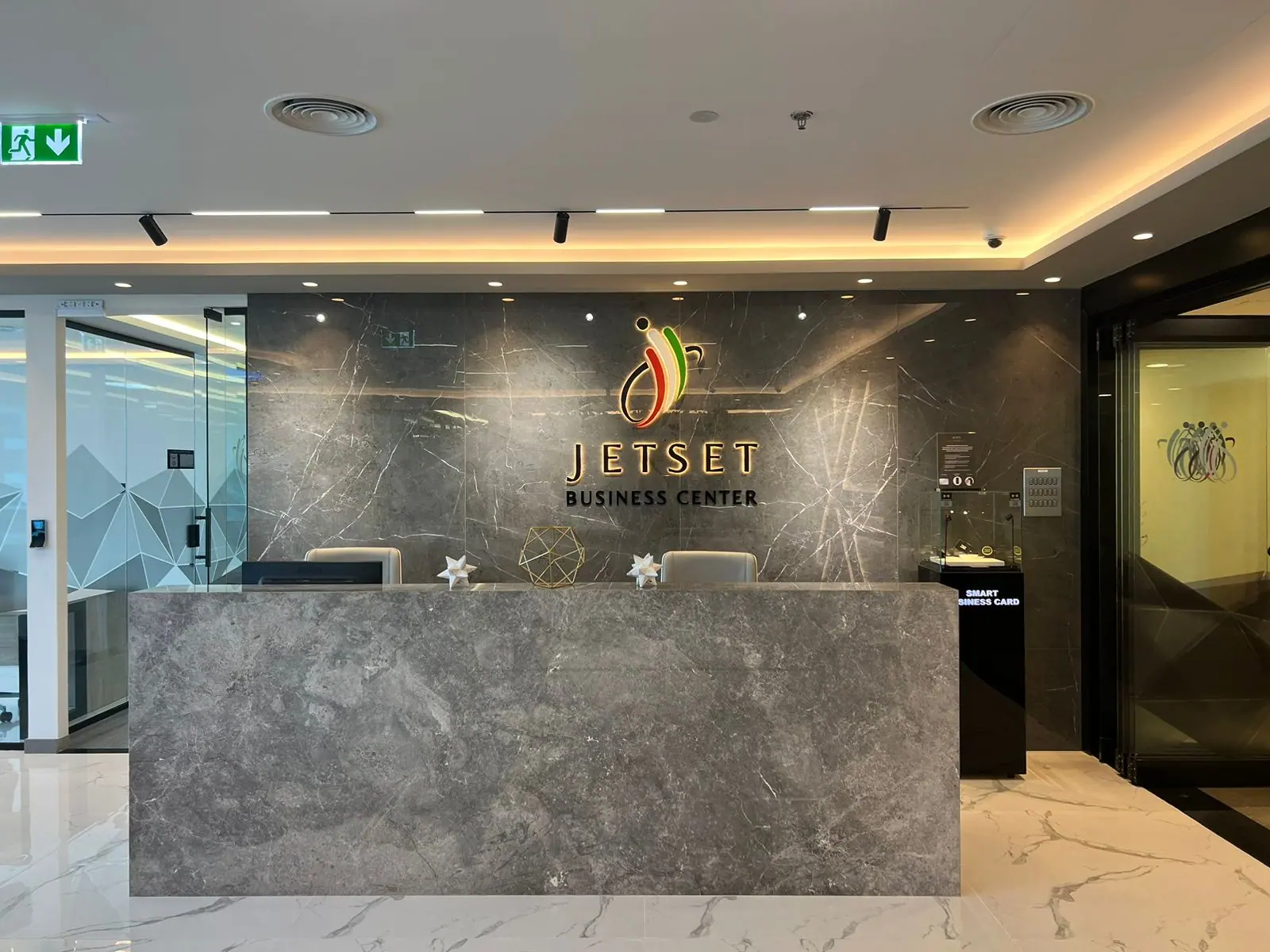 The staffed front desk on the 20th floor